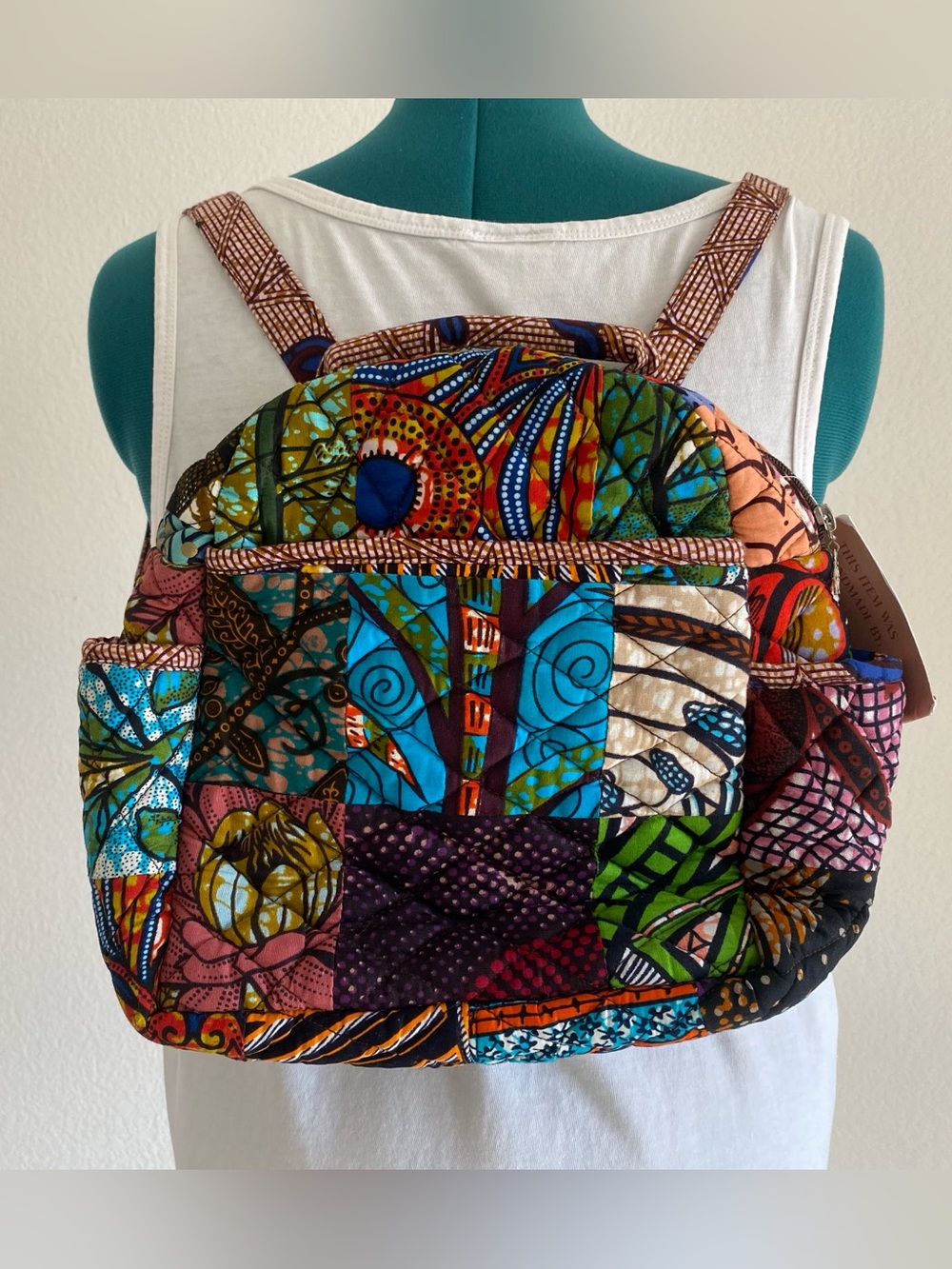 African print patchwork backpack with adjustable straps